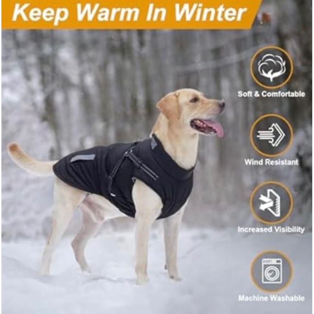 JoyDaog 4XL Winter Dog Jacket Waterproof Reflective Fleece Lined Harness Black - Picture 2 of 9